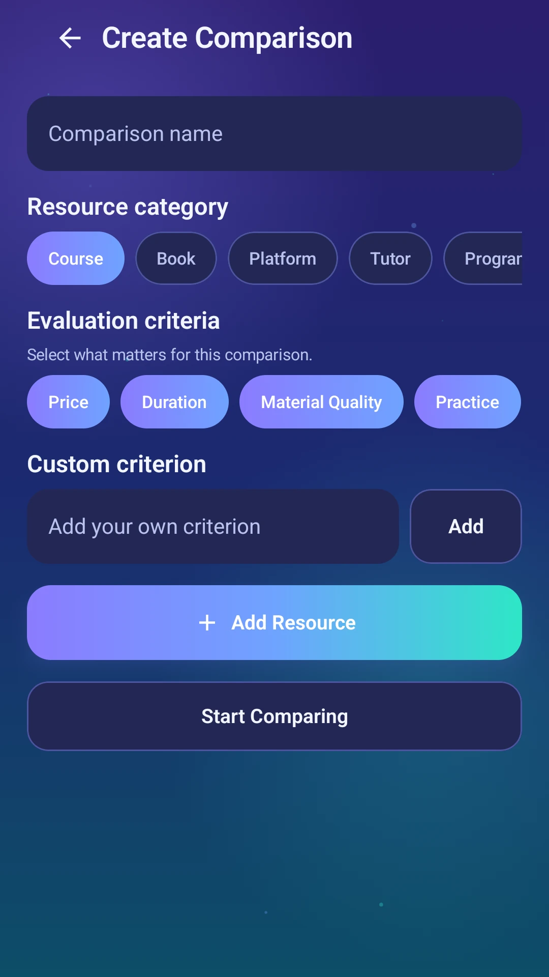 CompareWise create comparison screen