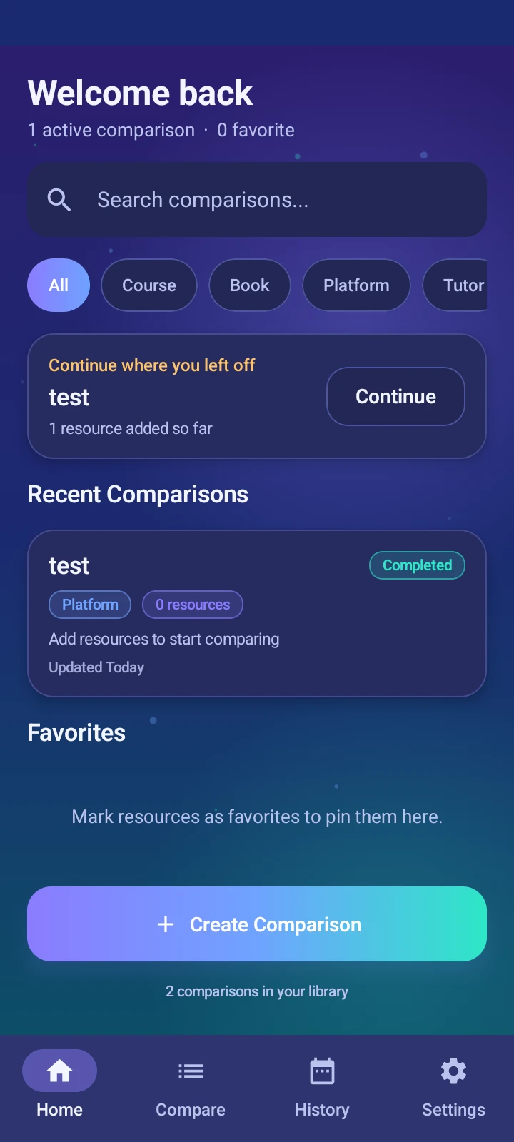 CompareWise home screen
